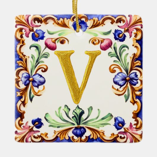 Gouden Alfabet – Letter V Keramisch Ornament (Voorkant)