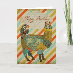 Gouden Alpaca & Blauwgroen Uil Verjaardag Kaart