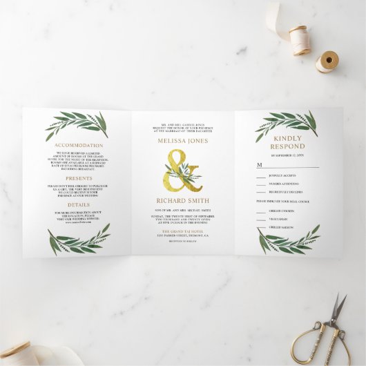 Gouden Ampersand Olijftak All in One Trouwen Drieluik Uitnodiging (Binnen)