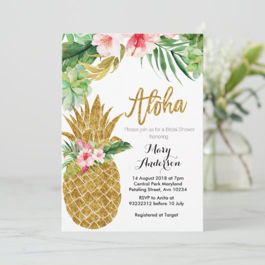 Gouden ananas bruids douche uitnodiging succulent (Staand voorkant)