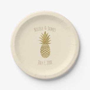 Gouden Ananas Crème Tropische Elegante Bruiloft Papieren Bordje