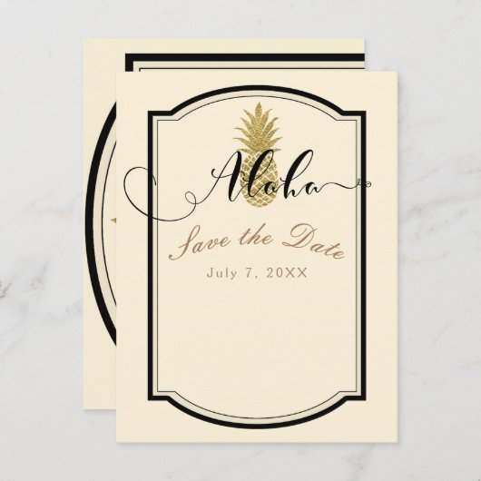 Gouden Ananas Crème Zwart Tropisch Bewaar de datum Aankondigingskaart (Voorkant / Achterkant)
