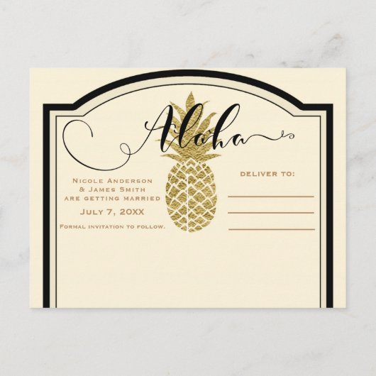 Gouden Ananas Crème Zwart Tropisch Bewaar de datum Aankondigingskaart (Achterkant)