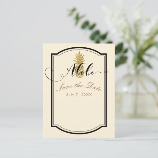 Gouden Ananas Crème Zwart Tropisch Bewaar de datum Aankondigingskaart (Staand voorkant)