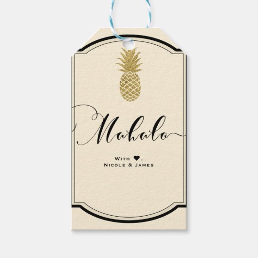 Gouden Ananas Crème Zwart Tropische MAHALO ALOHA Cadeaulabel (Voorkant)