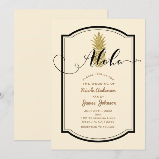 Gouden Ananas Crème & Zwarte Tropische Bruiloft Kaart (Voorkant / Achterkant)