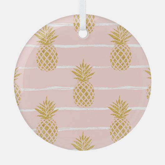 Gouden ananas, Gestreepte Zomerachtergrond. Glas Ornament (Voorkant)