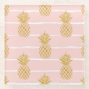 Gouden ananas, Gestreepte Zomerachtergrond. Glazen Onderzetter