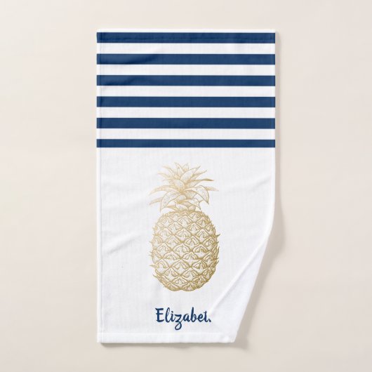 Gouden Ananas Marineblauw Wit Gestreept  Bad Handdoek (Handdoek)