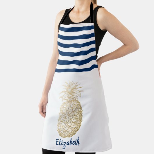 Gouden Ananas  Marineblauw Wit Gestreept Schort (Insitu)