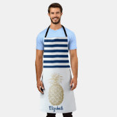 Gouden Ananas  Marineblauw Wit Gestreept Schort (Gedragen)