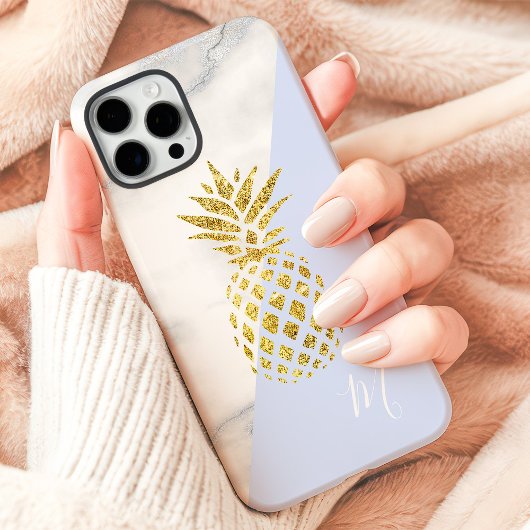 Gouden Ananas Marmer Blauwe Pastel Monogram Case-Mate iPhone Case