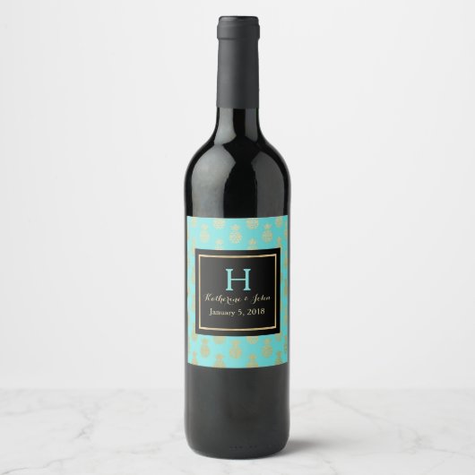 Gouden ananas monogram bruiloft wijn label etiket (Voorkant)