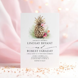Gouden Ananas Roze Bloemen Strand Bruiloft Kaart