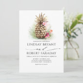 Gouden Ananas Roze Bloemen Strand Bruiloft Kaart (Staand voorkant)