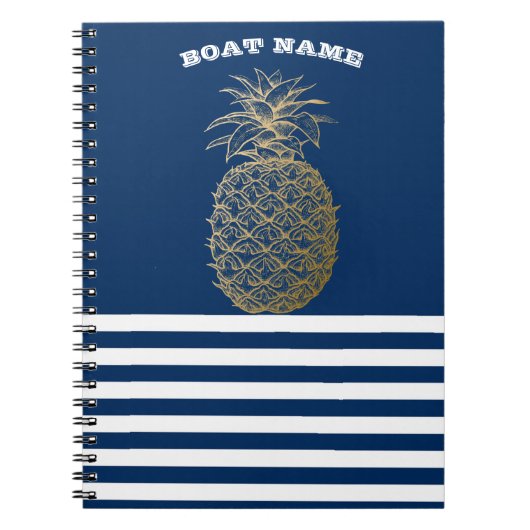 Gouden Ananas Scheepsblauw Gestreepte Notitieboek (Voorkant)