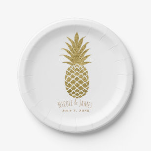 Gouden Ananas Wit Modern Chic Tropisch Feest Papieren Bordje