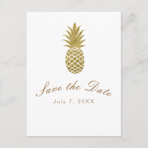 Gouden Ananas Wit Modern Tropisch Bewaar de Datum Aankondigingskaart