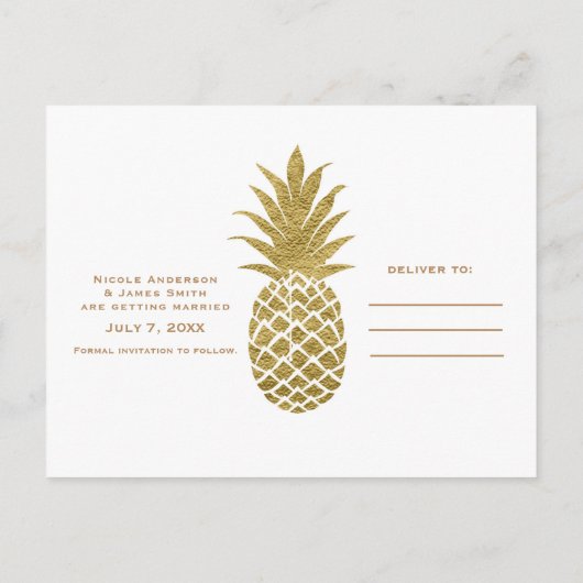 Gouden Ananas Wit Modern Tropisch Save the Date Aankondigingskaart (Achterkant)