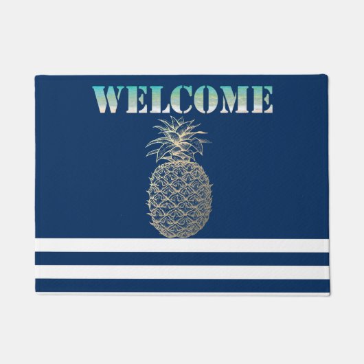 Gouden Ananas Zeevaart Marineblauw Gestreepte Deurmat (Voorkant)