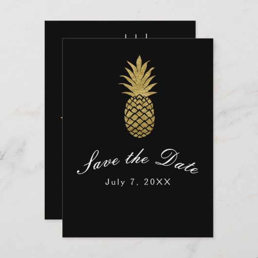 Gouden Ananas Zwart Modern Tropisch Save the Date Aankondigingskaart (Voorkant / Achterkant)