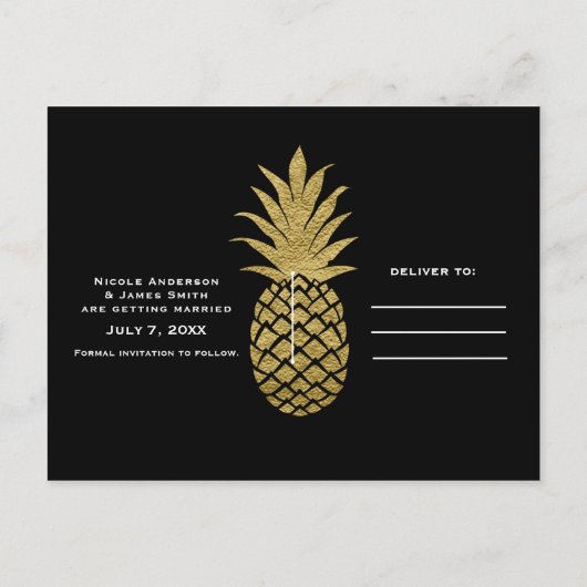 Gouden Ananas Zwart Modern Tropisch Save the Date Aankondigingskaart (Achterkant)