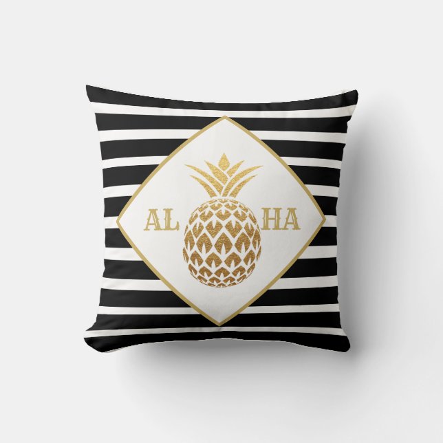 Gouden Ananas Zwart Wit Aloha Tropisch Kussen (Voorkant)