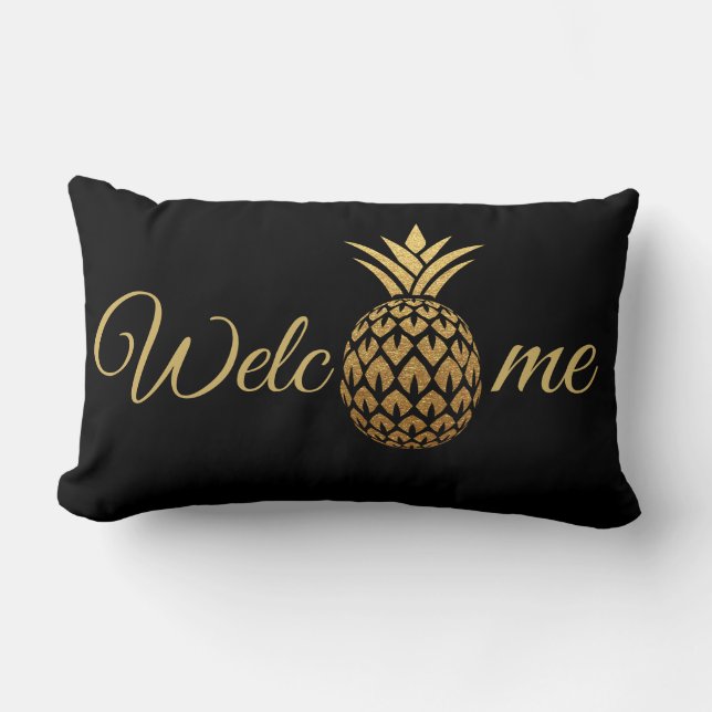 Gouden Ananas Zwarte Welkom Kussen (Voorkant)