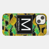 Gouden Ananassen Op Strepen | Monogram iPhone Hoesje (Achterkant horizontaal)