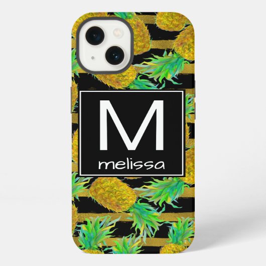 Gouden Ananassen Op Strepen | Monogram iPhone Hoesje (Achterkant)