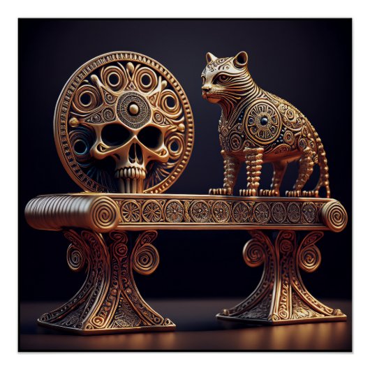 Gouden Android Kat Op Sokkel Met Schedelschild Perfect Poster (Voorkant)