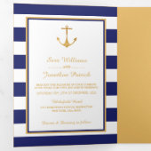 Gouden anker, blauw en wit gestreepte trouwset drieluik uitnodiging (Binnenzijde eerst)