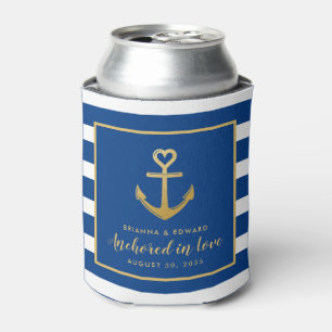 Gouden Anker Blauwe Witte Streep Nautische Bruilof Blikjeskoeler
