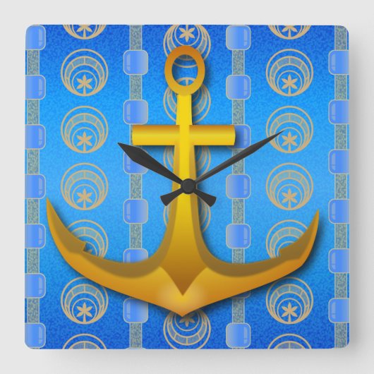 Gouden Anker Cerulean Blauw Vierkante Wandklok (Voorkant)