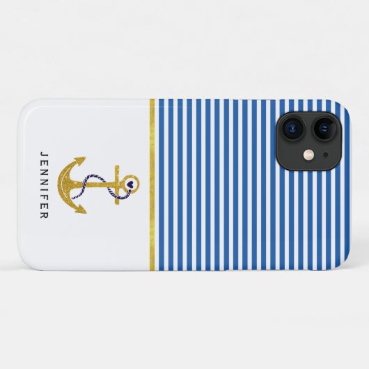 Gouden anker en blauwe, witte strepen nautisch Case-Mate iPhone case (Achterkant (horizontaal))