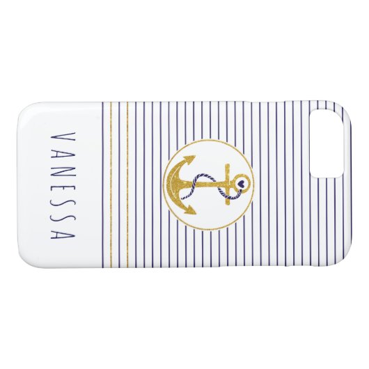 Gouden anker en marineblauwe strepen nautisch Case-Mate iPhone case (Achterkant (Horizontaal))
