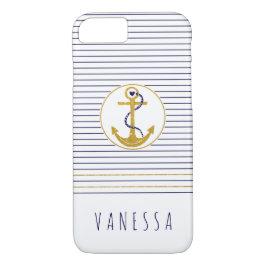 Gouden anker en marineblauwe strepen nautisch 	iPhone 8/7 hoesje