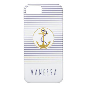 Gouden anker en marineblauwe strepen nautisch 	iPhone 8/7 hoesje