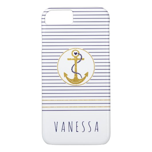 Gouden anker en marineblauwe strepen nautisch Case-Mate iPhone case (Achterkant)