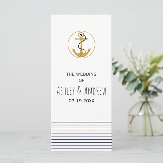 Gouden anker en strepen nautische bruiloft program programmakaart (Staand voorkant)