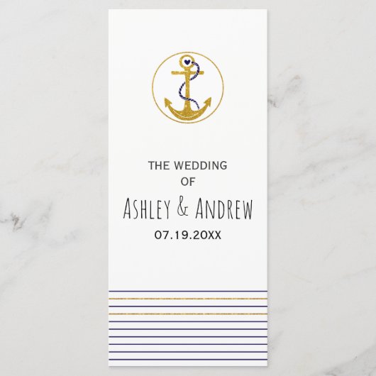 Gouden anker en strepen nautische bruiloft program programmakaart (Voorkant)