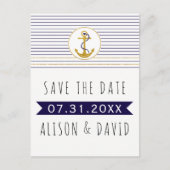 Gouden anker gestreepte nautische bruiloft Save th Aankondigingskaart (Voorkant)