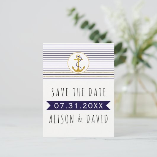 Gouden anker gestreepte nautische bruiloft Save th Aankondigingskaart (Staand voorkant)