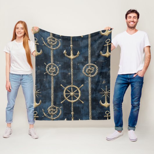 Gouden Anker & Helm Nautilus Patroon Fleece Deken (In situ)