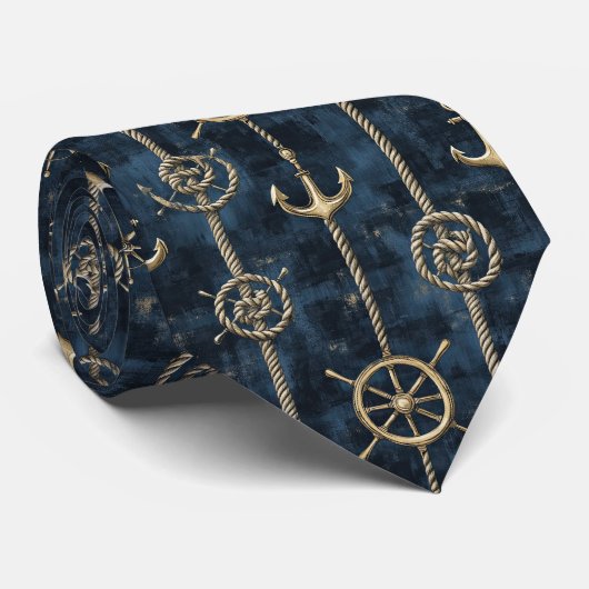 Gouden Anker & Helm Nautilus Patroon Stropdas (Opgerold)