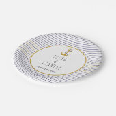 Gouden anker marine blauwe strepen nautische bruil papieren bordje (Gekanteld)