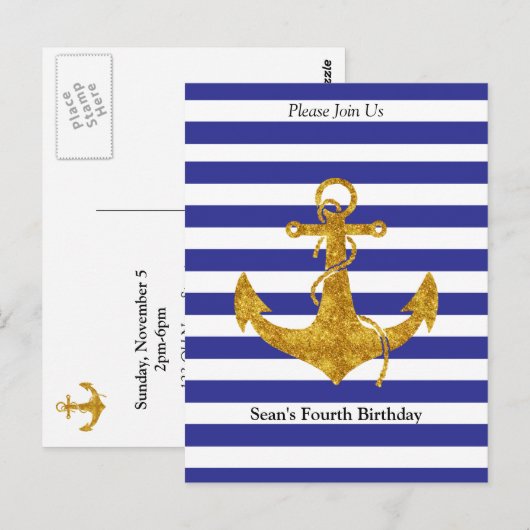 Gouden Anker met Blauwe Strepen Verjaardag Briefkaart (Voorkant / Achterkant)