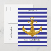 Gouden Anker met Blauwe Strepen Verjaardag Uitnodiging Briefkaart (Voorkant / Achterkant)
