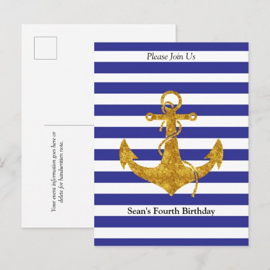 Gouden Anker met Blauwe Strepen Verjaardag Uitnodiging Briefkaart (Voorkant / Achterkant)