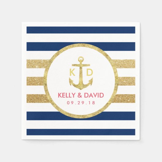 Gouden anker Moderne Stripes Nautische Huwelijk Servet (Voorkant)